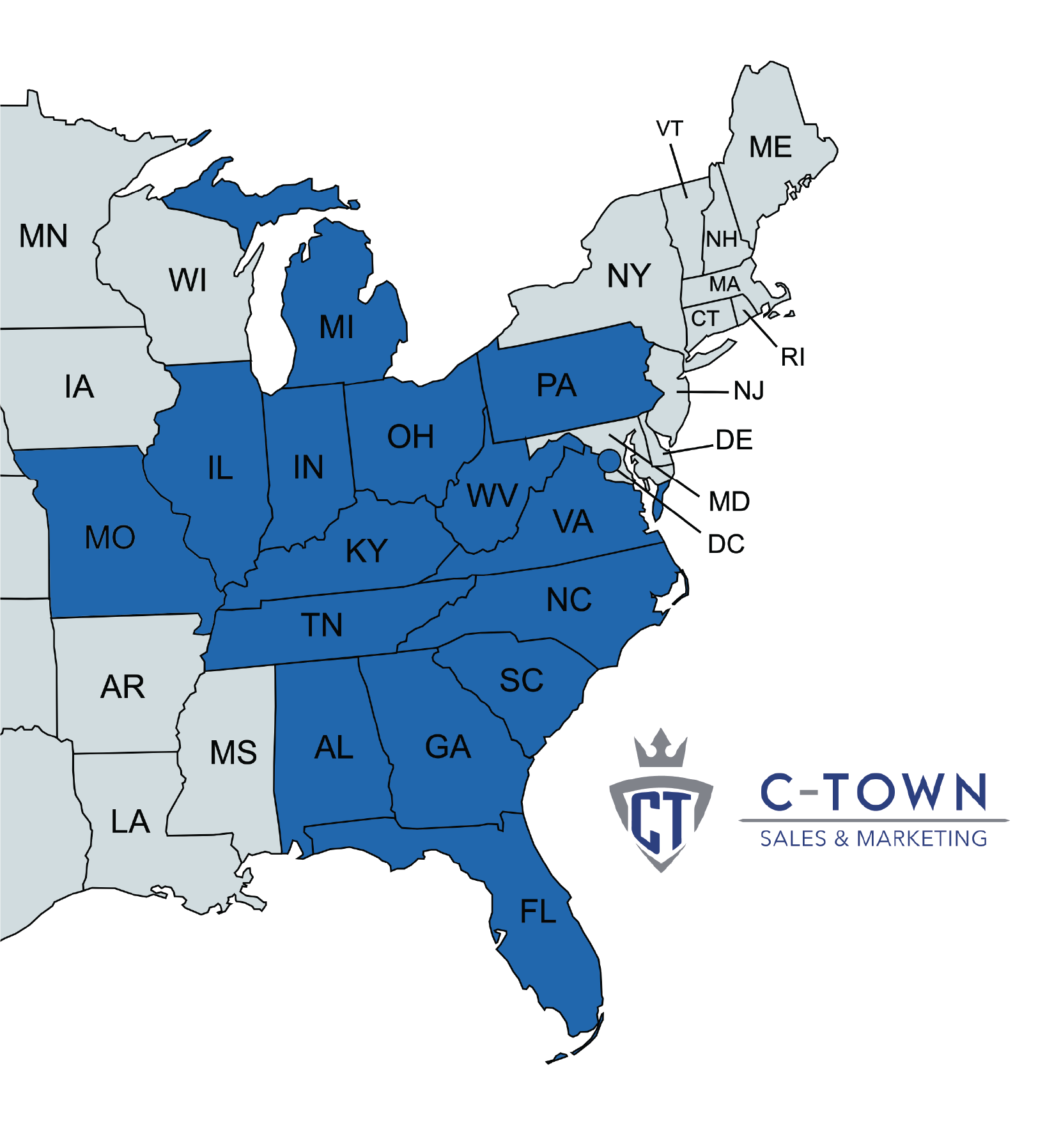 C-Town territory map: 15 states across the Midwest and Southeast